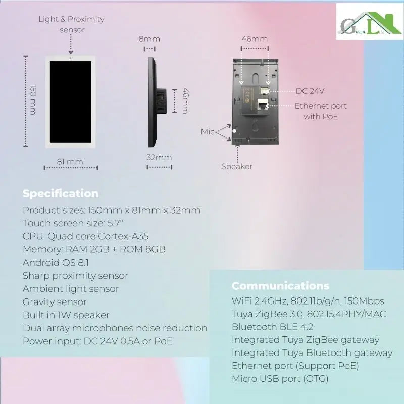 Painel de casa inteligente com ecrã táctil de 5,7 polegadas, controlo Android, interruptor inteligente, interruptor de comutação, sistema de terceiros para domótica.