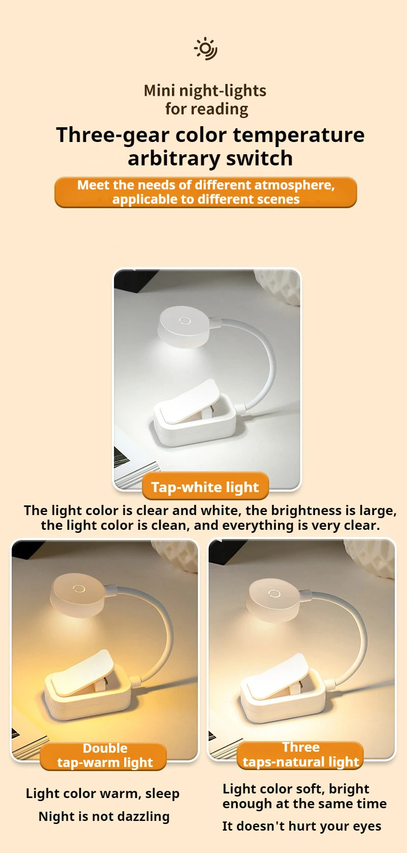 Mini candeeiro de leitura LED portátil com clipe, 3 modos de iluminação, proteção ocular, alimentada por bateria, intensidade regulável continuamente, ideal para cabeceira ou estudo.