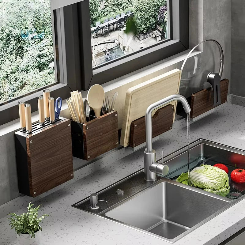 Walnut & Stainless Steel Kitchen Storage Rack