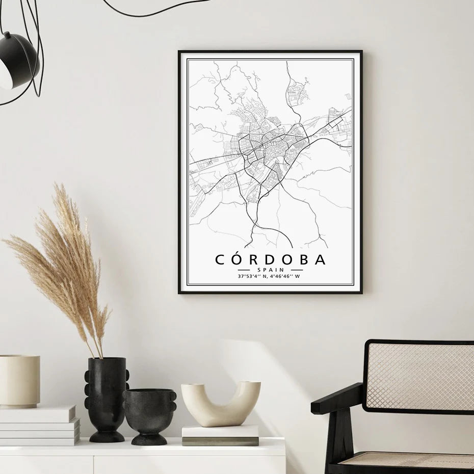 Minimalist Black & White Spain City Map Canvas