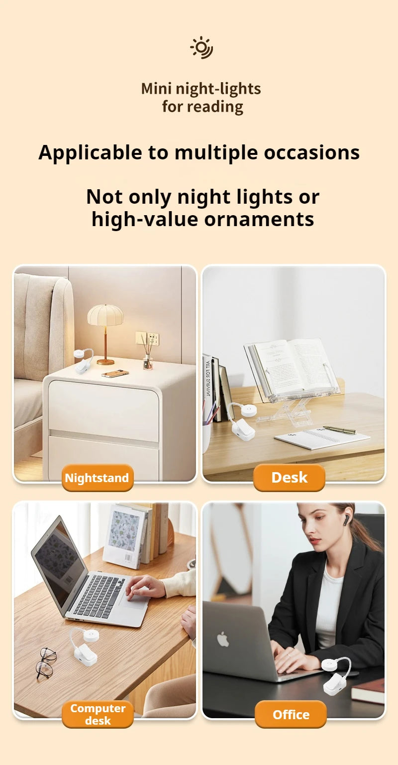 Mini candeeiro de leitura LED portátil com clipe, 3 modos de iluminação, proteção ocular, alimentada por bateria, intensidade regulável continuamente, ideal para cabeceira ou estudo.