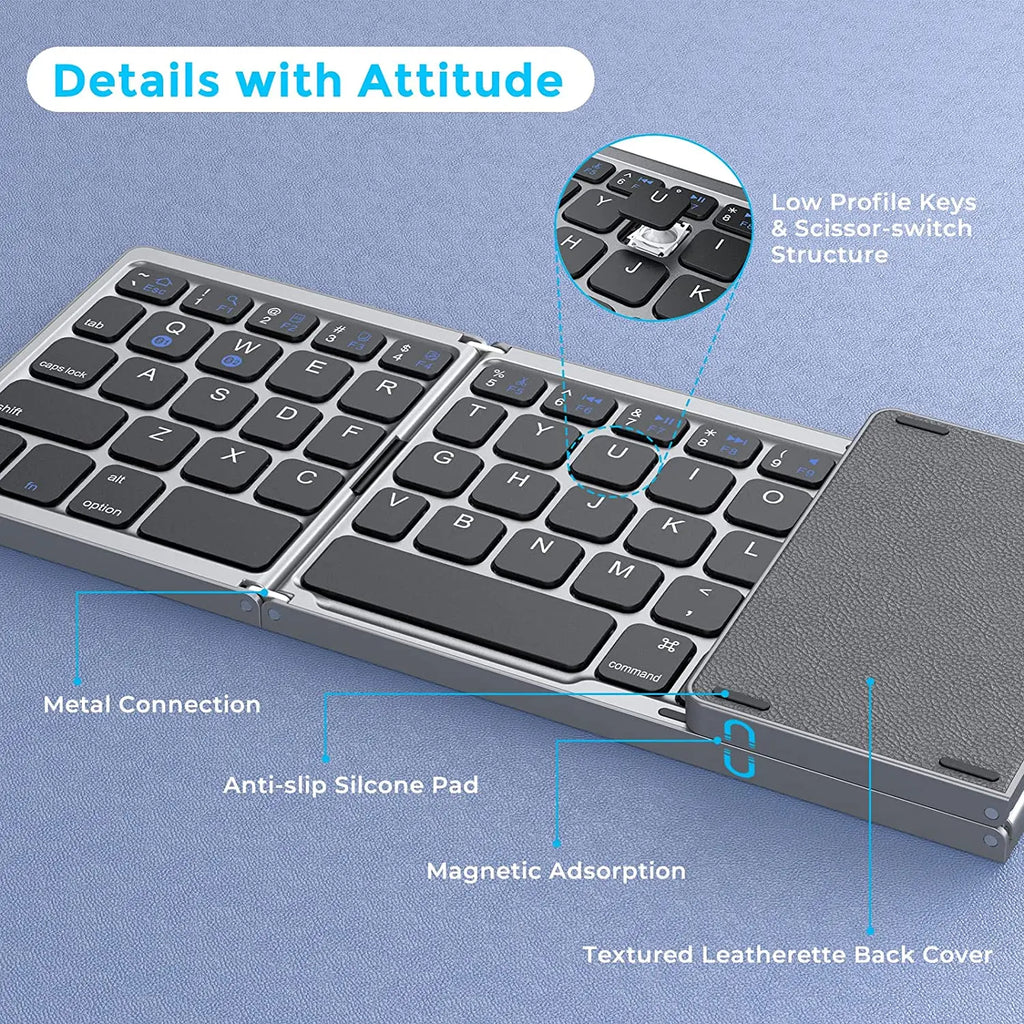 Mini teclado sem fios dobrável em 3 partes com touchpad para Windows, Android, iOS e iPad.