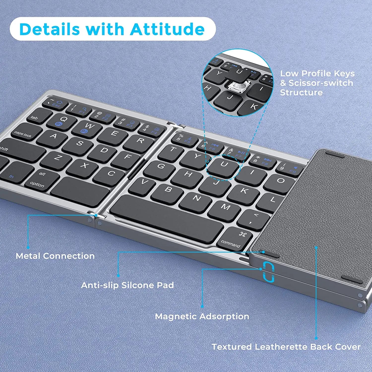 Mini teclado sem fios dobrável em 3 partes com touchpad para Windows, Android, iOS e iPad.