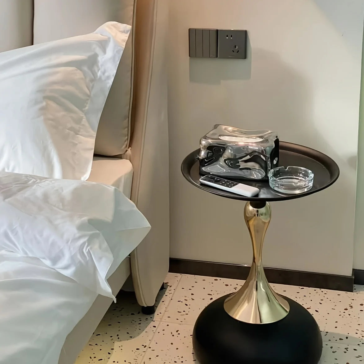 White Round Coffee Table with Gold Base