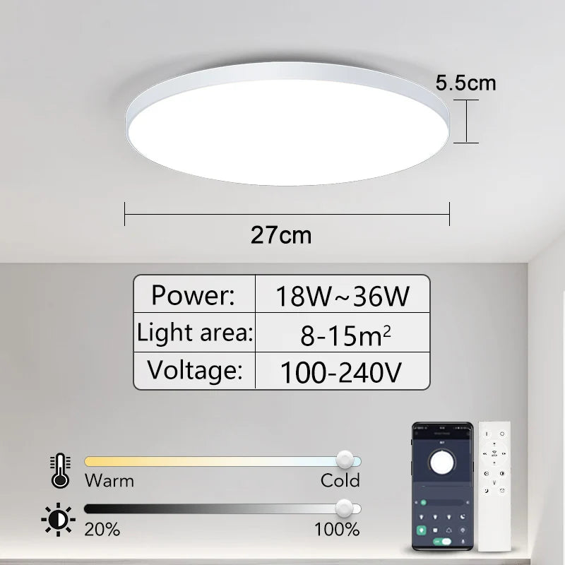 Luminária de teto LED inteligente com controlo remoto via aplicação, 36W, 50W e 80W, ideal para decoração de interiores, casas de banho e quartos.