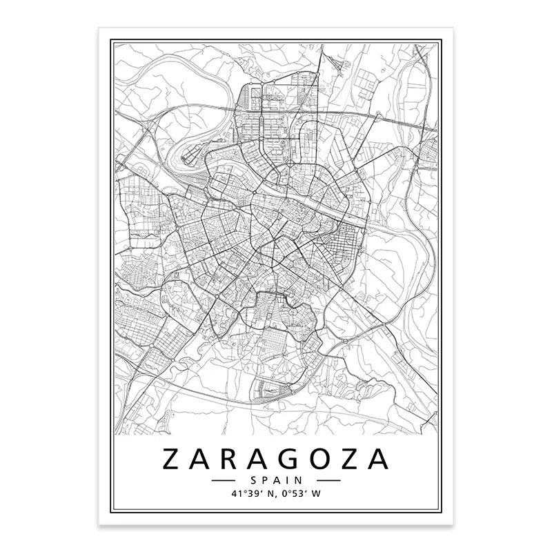 Minimalist Black & White Spain City Map Canvas
