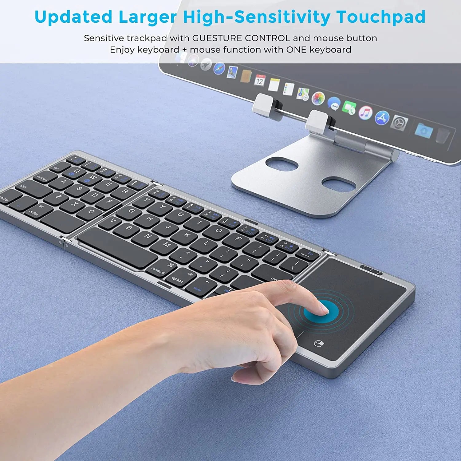 Mini teclado sem fios dobrável em 3 partes com touchpad para Windows, Android, iOS e iPad.