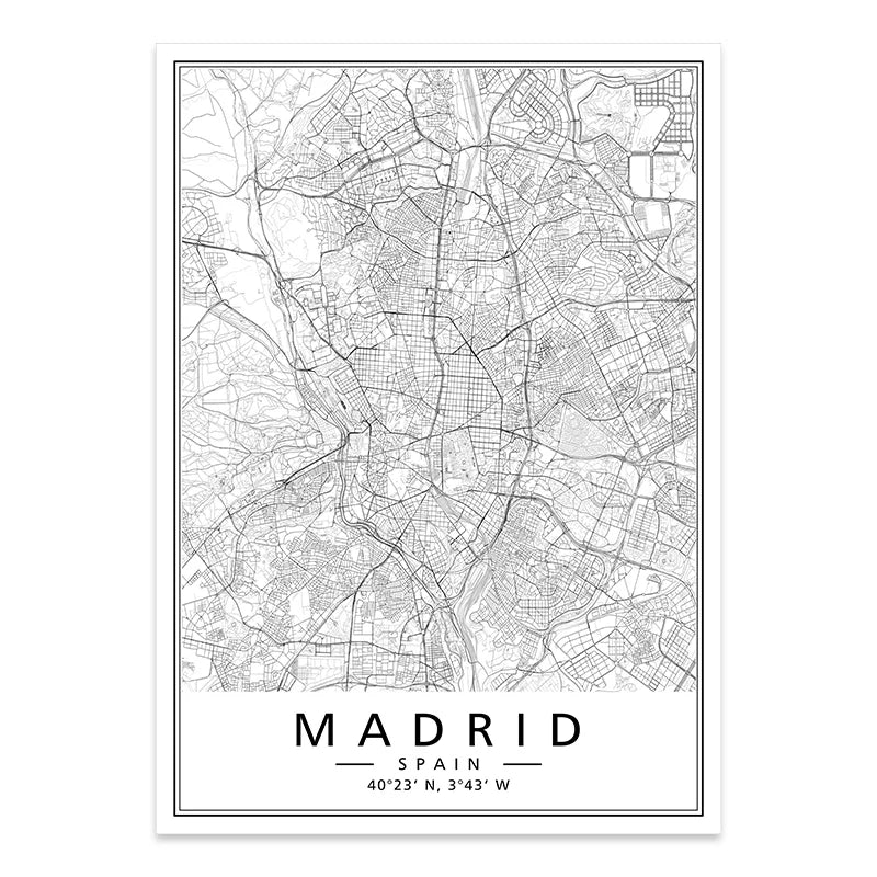 Minimalist Black & White Spain City Map Canvas