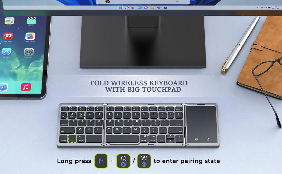 Mini teclado sem fios dobrável em 3 partes com touchpad para Windows, Android, iOS e iPad.