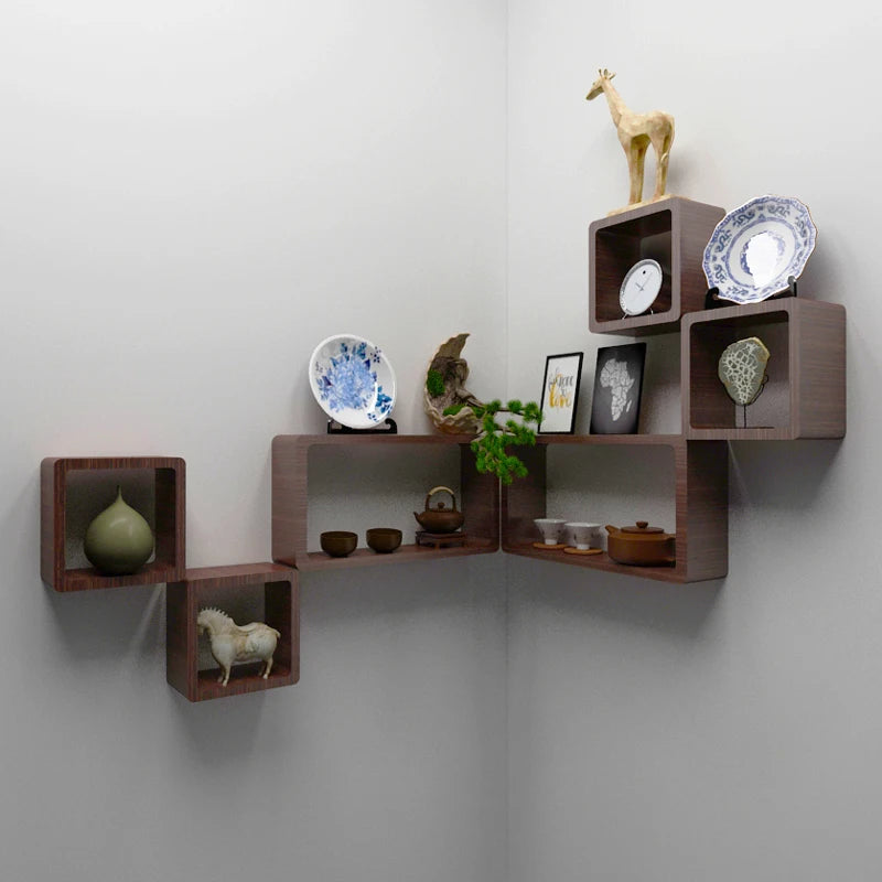 Organizador de parede em madeira maciça, grade de arrumação sem furos, armário suspenso modular, prateleira decorativa para parede.