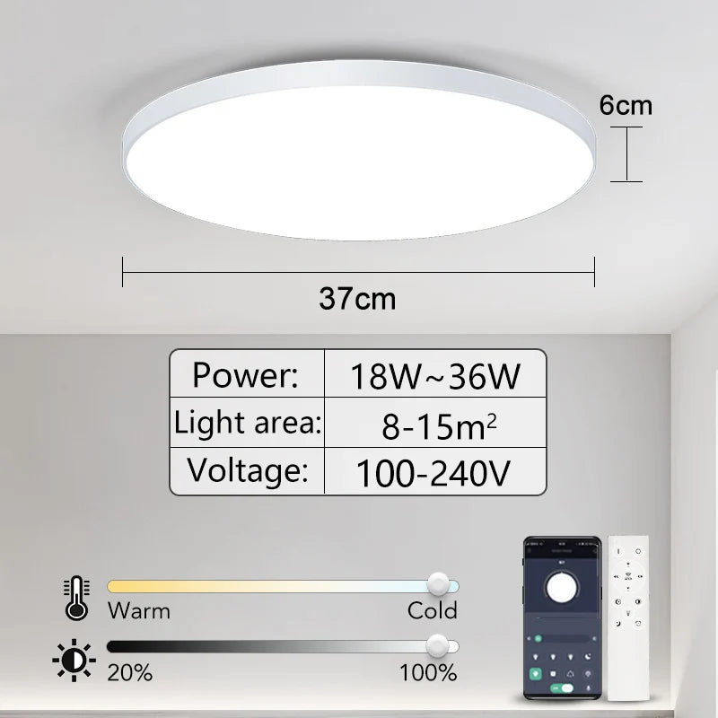 Luminária de teto LED inteligente com controlo remoto via aplicação, 36W, 50W e 80W, ideal para decoração de interiores, casas de banho e quartos.