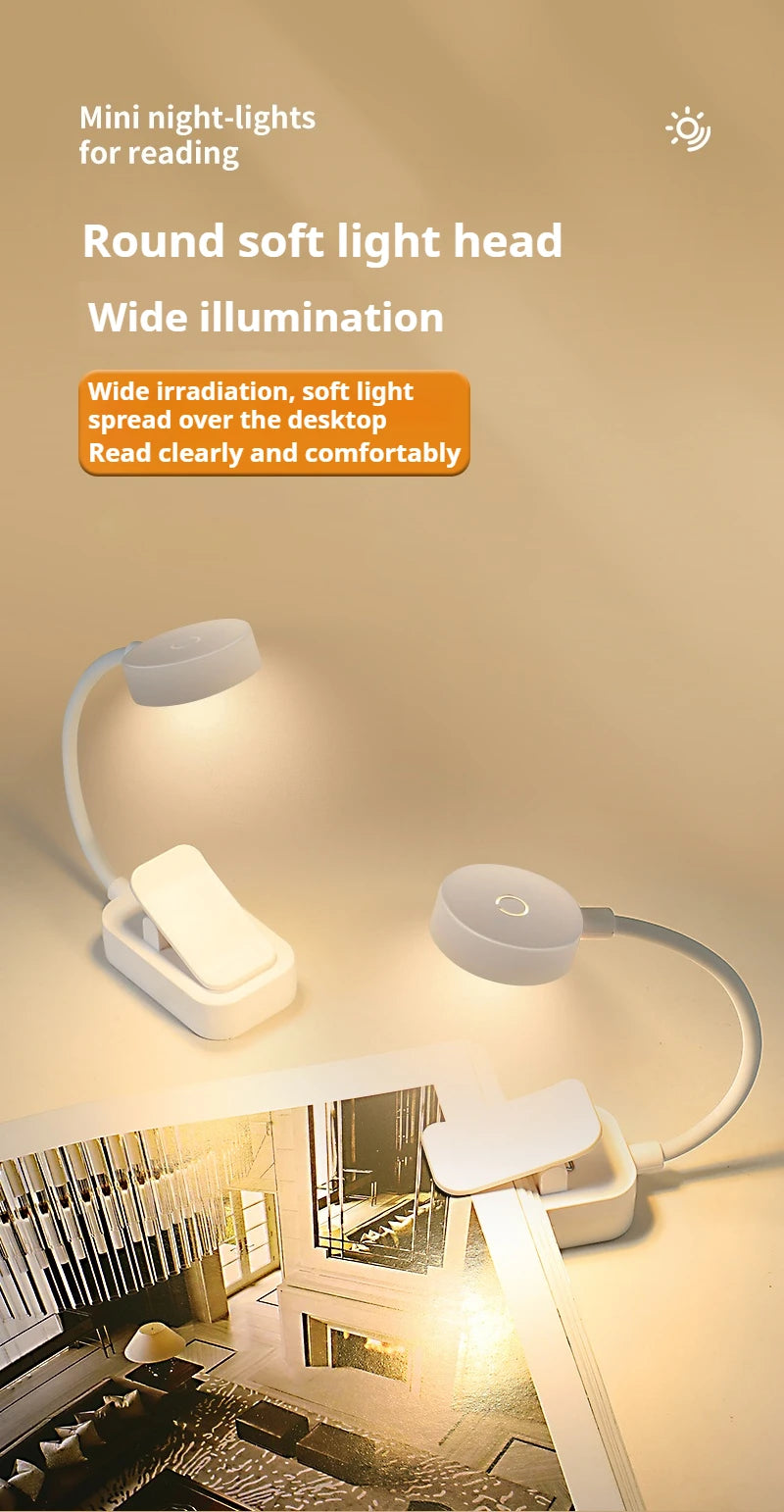 Mini candeeiro de leitura LED portátil com clipe, 3 modos de iluminação, proteção ocular, alimentada por bateria, intensidade regulável continuamente, ideal para cabeceira ou estudo.