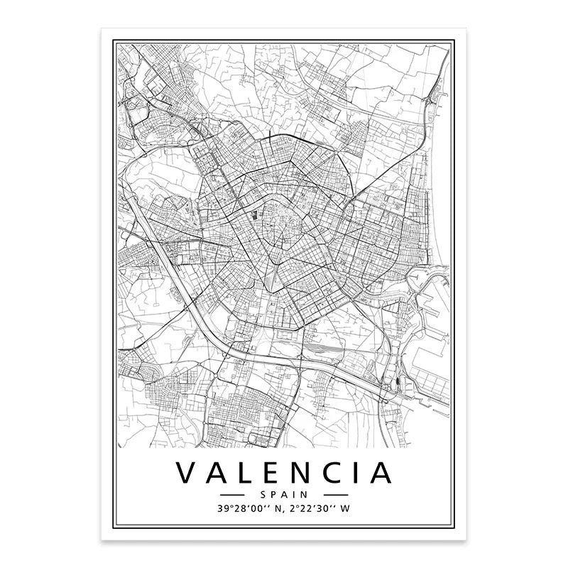 Minimalist Black & White Spain City Map Canvas