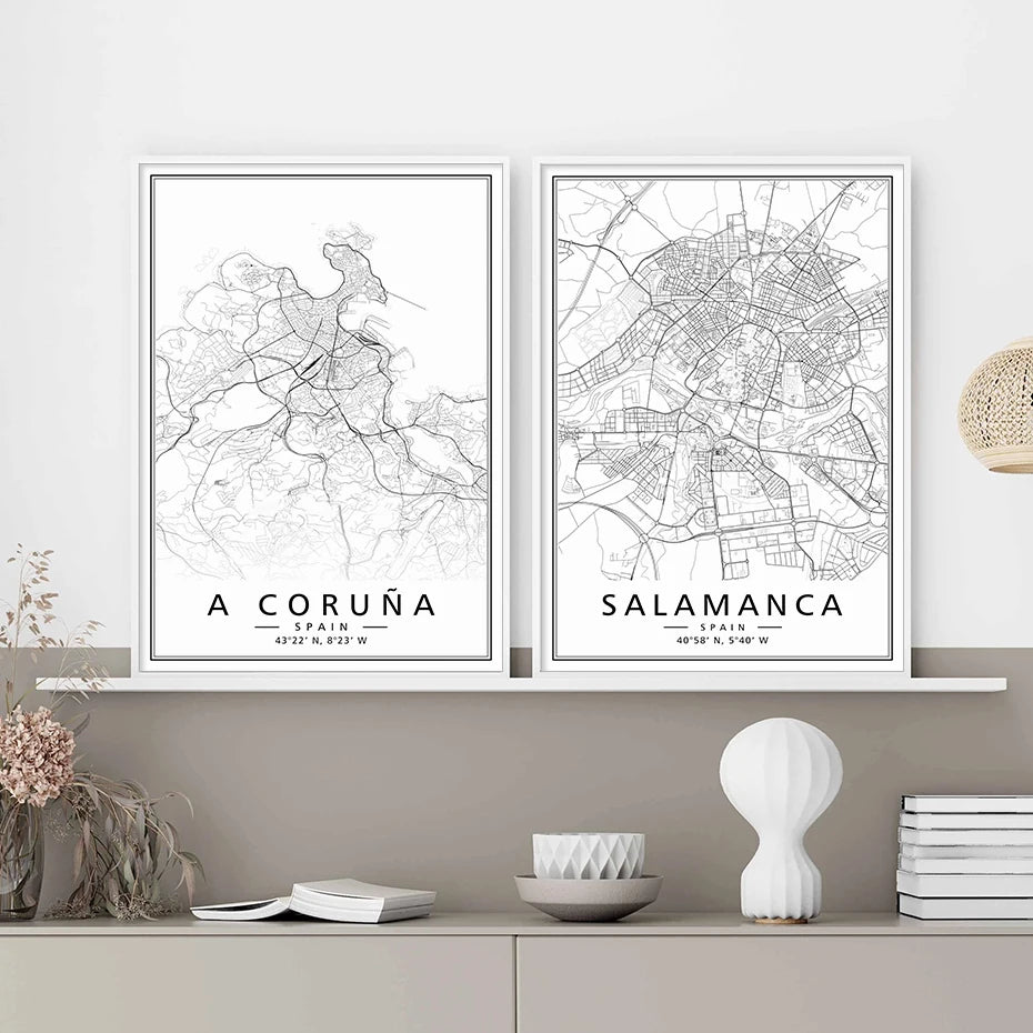 Minimalist Black & White Spain City Map Canvas