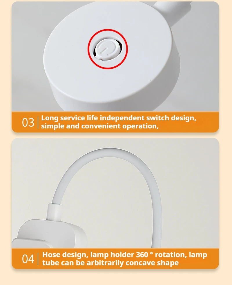 Mini candeeiro de leitura LED portátil com clipe, 3 modos de iluminação, proteção ocular, alimentada por bateria, intensidade regulável continuamente, ideal para cabeceira ou estudo.