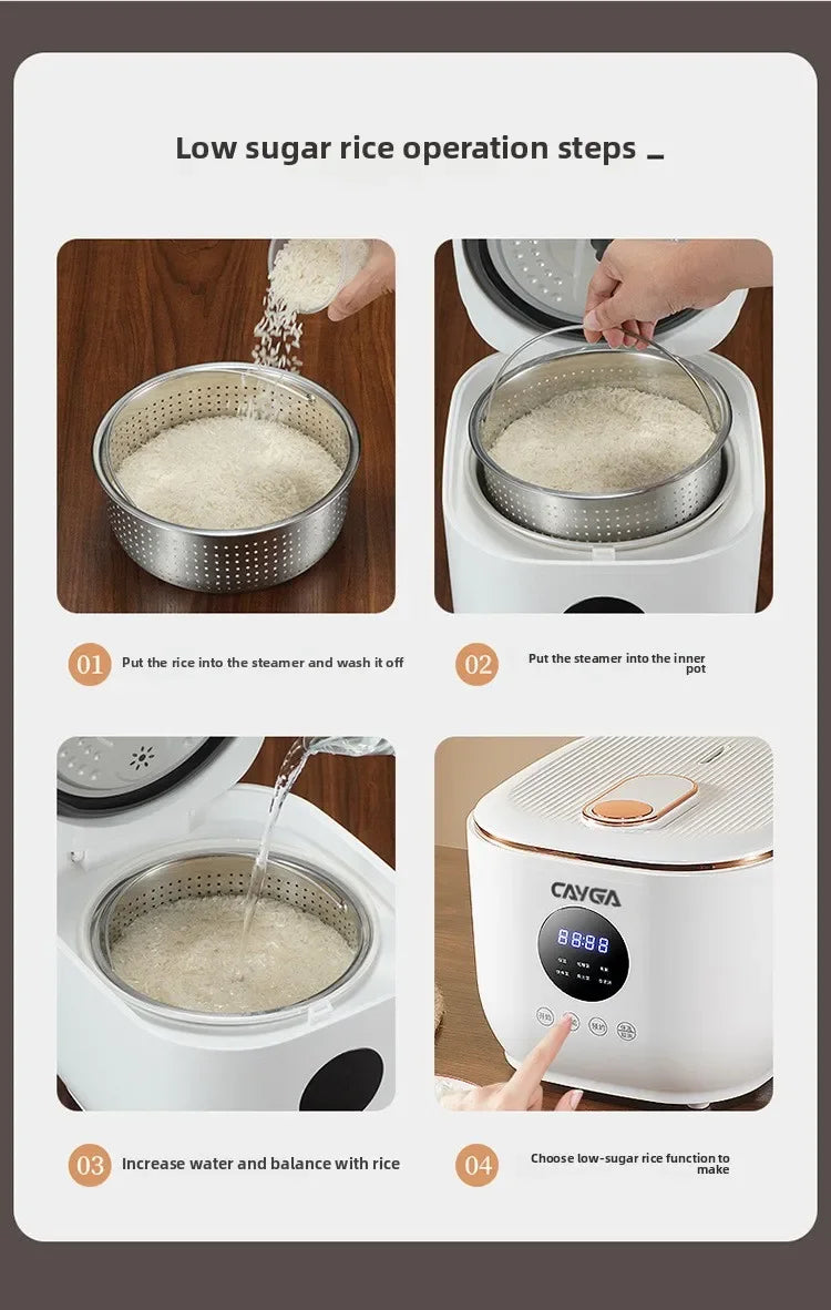 Panela elétrica digital multifuncional inteligente de 3 litros para arroz, com revestimento antiaderente e panela interior em cerâmica com separação para arroz e sopa.