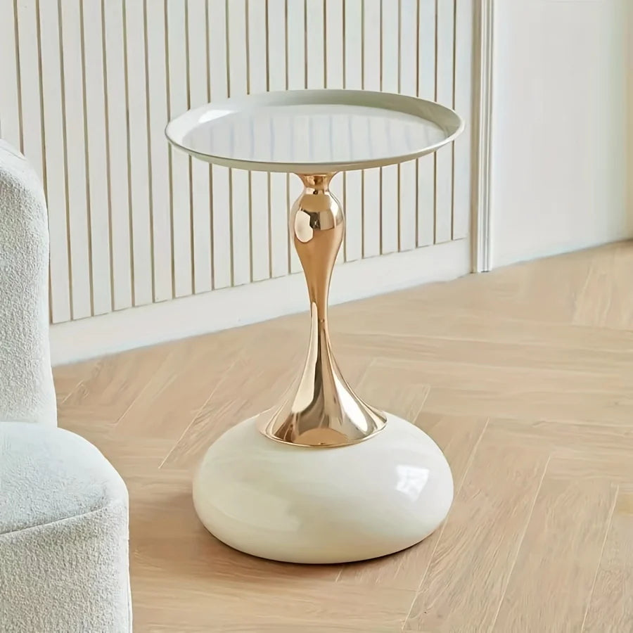 White Round Coffee Table with Gold Base