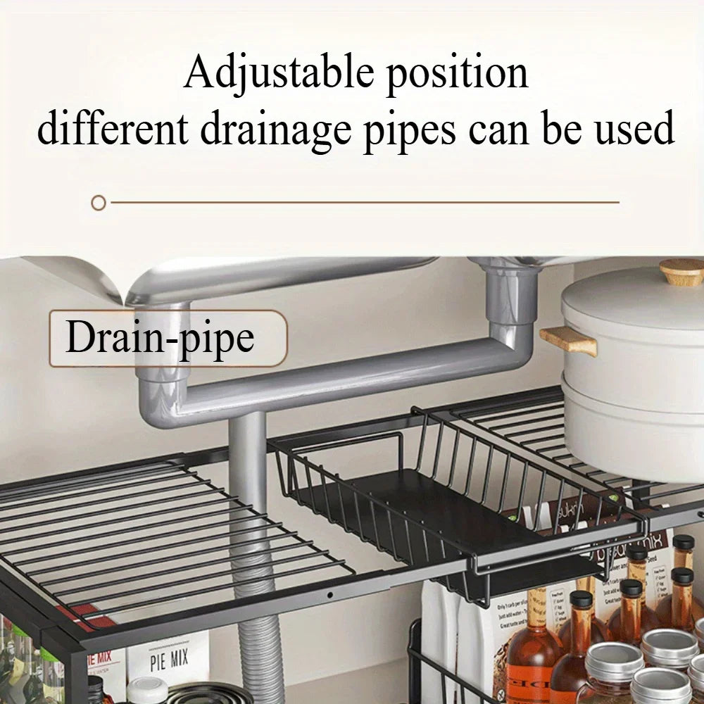 Prateleira de armazenamento de dois níveis para debaixo do lava-loiça - calha deslizante ajustável com puxador de arame, permite armazenar mais artigos e poupar espaço.