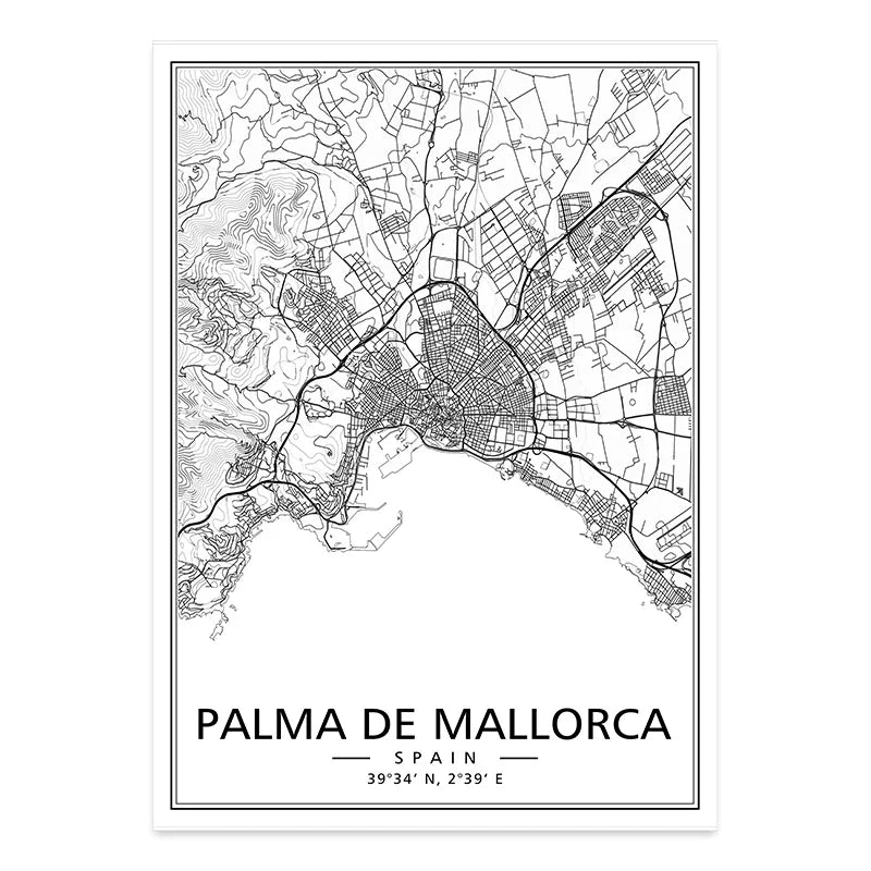Minimalist Black & White Spain City Map Canvas