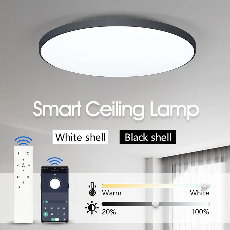 Luminária de teto LED inteligente com controlo remoto via aplicação, 36W, 50W e 80W, ideal para decoração de interiores, casas de banho e quartos.