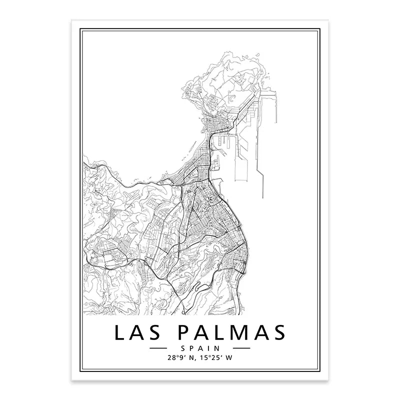Minimalist Black & White Spain City Map Canvas