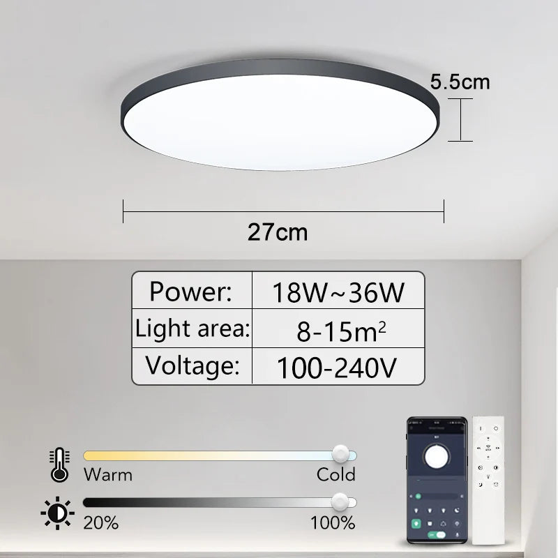 Luminária de teto LED inteligente com controlo remoto via aplicação, 36W, 50W e 80W, ideal para decoração de interiores, casas de banho e quartos.