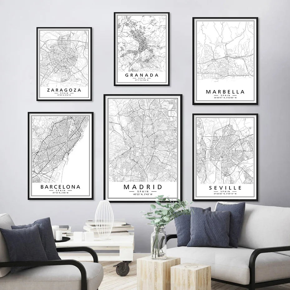Minimalist Black & White Spain City Map Canvas