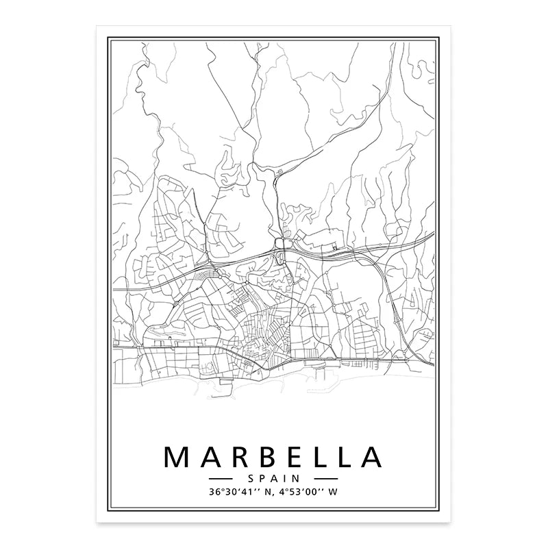 Minimalist Black & White Spain City Map Canvas
