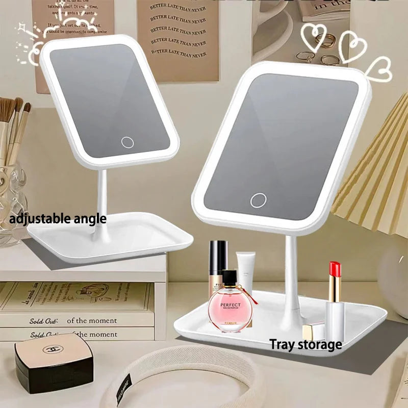 Espelho de maquilhagem inteligente com luz LED, pequeno espelho de mesa para quarto feminino, para toucador de quarto ou casa.