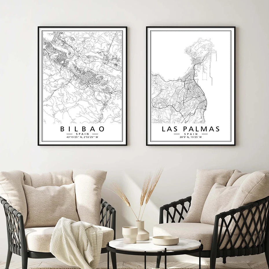 Minimalist Black & White Spain City Map Canvas