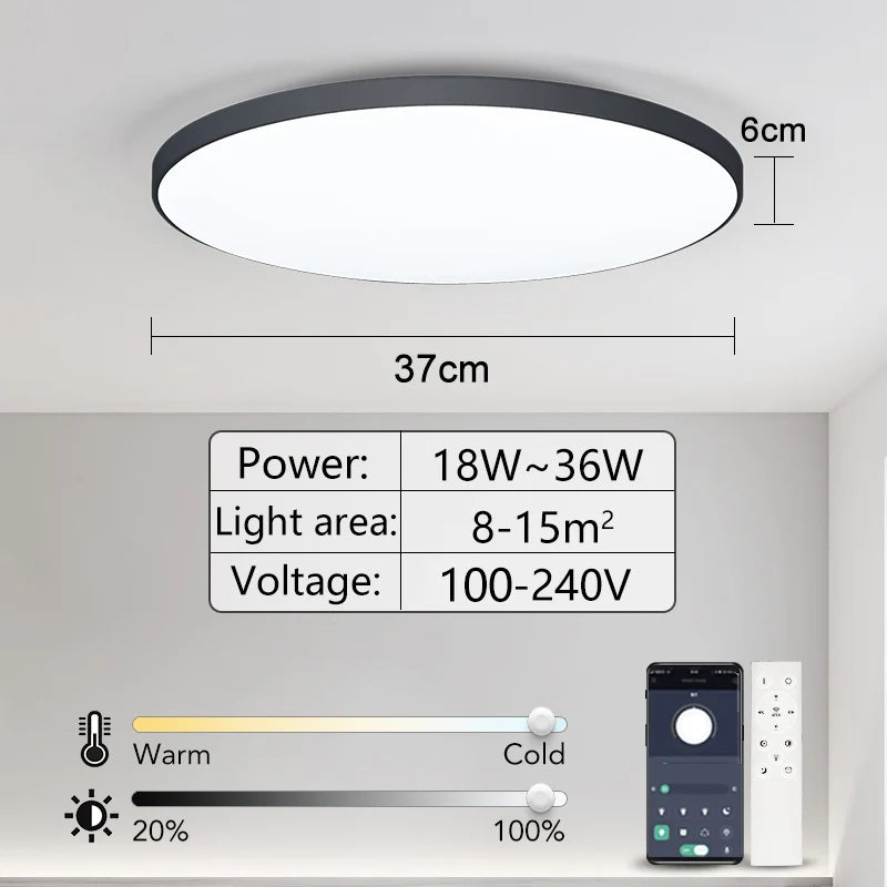 Luminária de teto LED inteligente com controlo remoto via aplicação, 36W, 50W e 80W, ideal para decoração de interiores, casas de banho e quartos.
