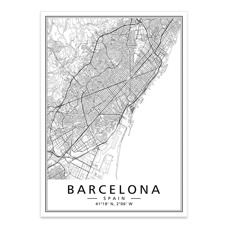 Minimalist Black & White Spain City Map Canvas