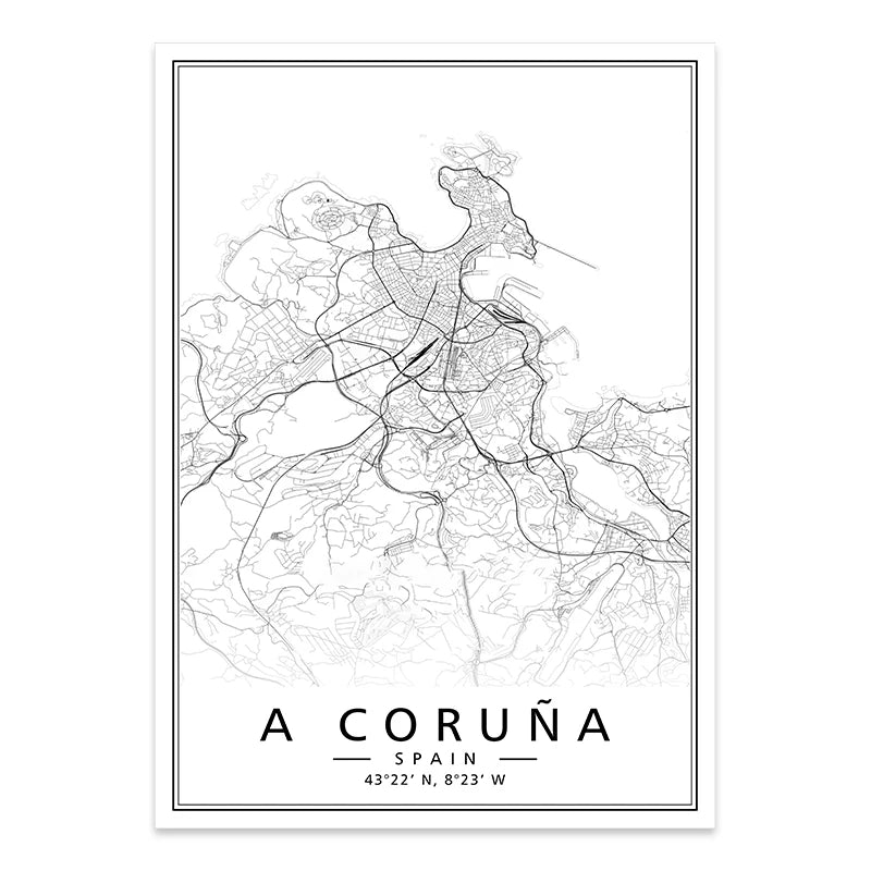 Minimalist Black & White Spain City Map Canvas