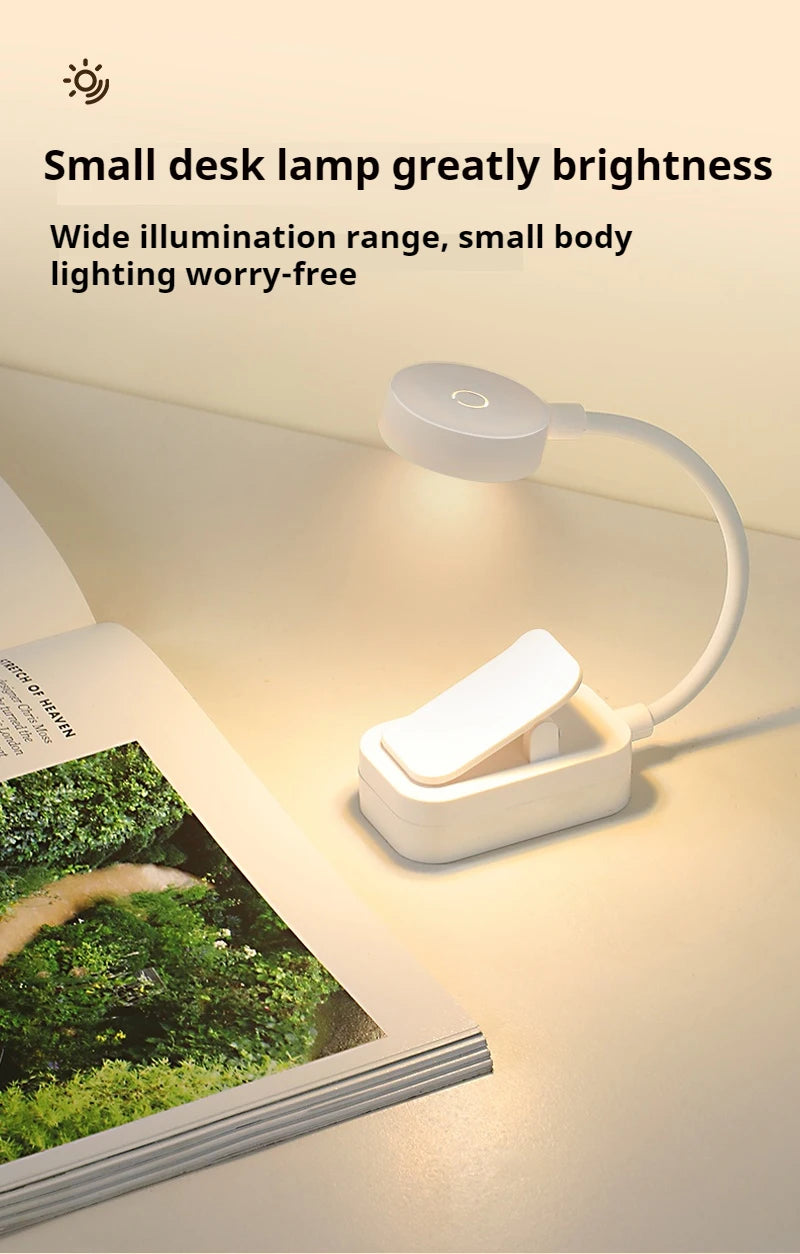 Mini candeeiro de leitura LED portátil com clipe, 3 modos de iluminação, proteção ocular, alimentada por bateria, intensidade regulável continuamente, ideal para cabeceira ou estudo.