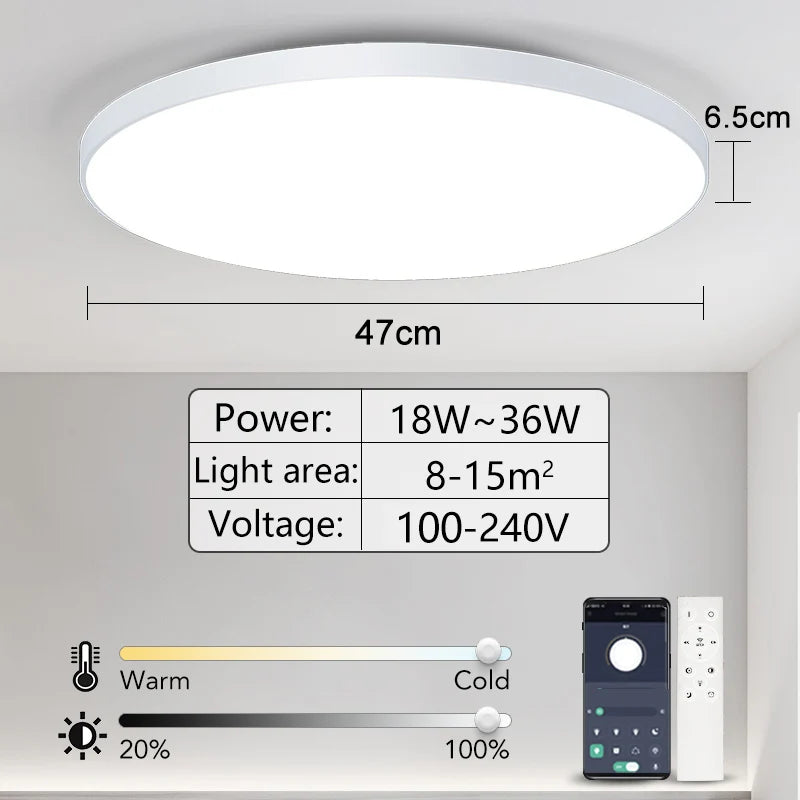 Luminária de teto LED inteligente com controlo remoto via aplicação, 36W, 50W e 80W, ideal para decoração de interiores, casas de banho e quartos.
