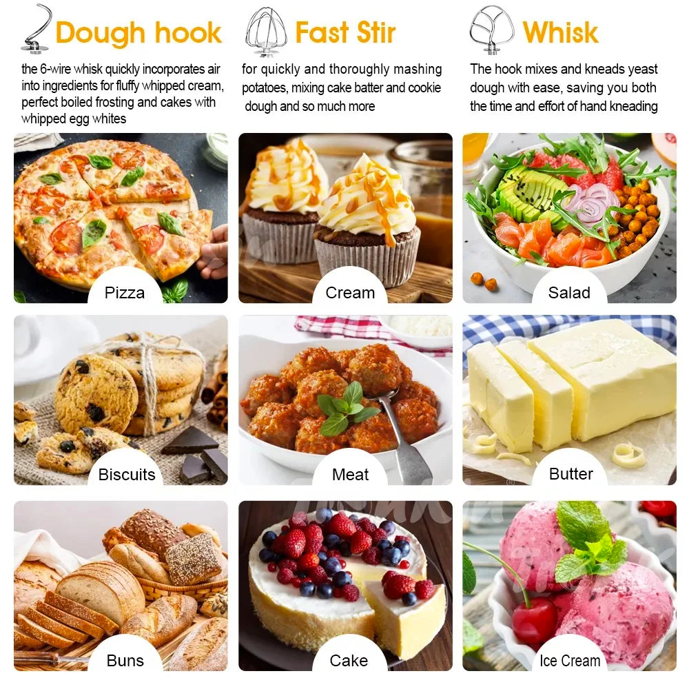 Batedeira multifuncional para massa de 5/6,5/8/10 litros, ideal para cozinha doméstica, para bolos e outras preparações alimentares.