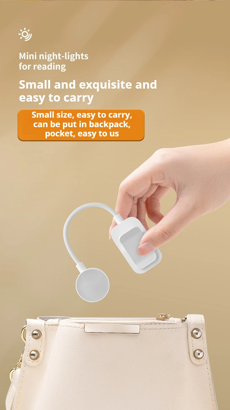Mini candeeiro de leitura LED portátil com clipe, 3 modos de iluminação, proteção ocular, alimentada por bateria, intensidade regulável continuamente, ideal para cabeceira ou estudo.