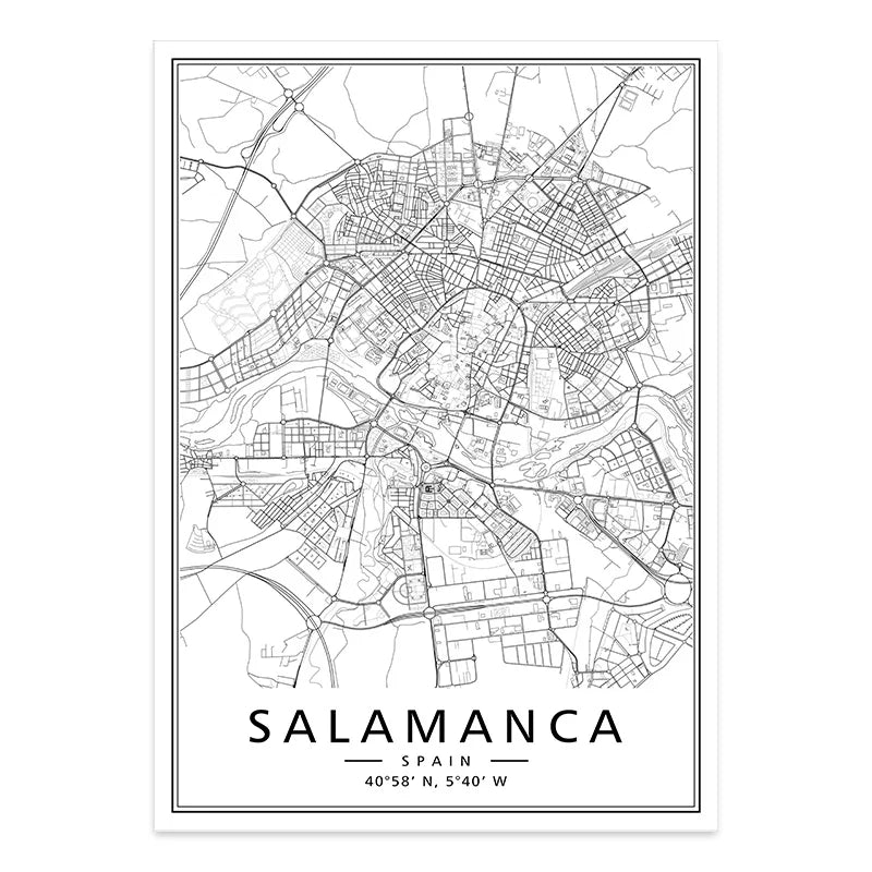Minimalist Black & White Spain City Map Canvas