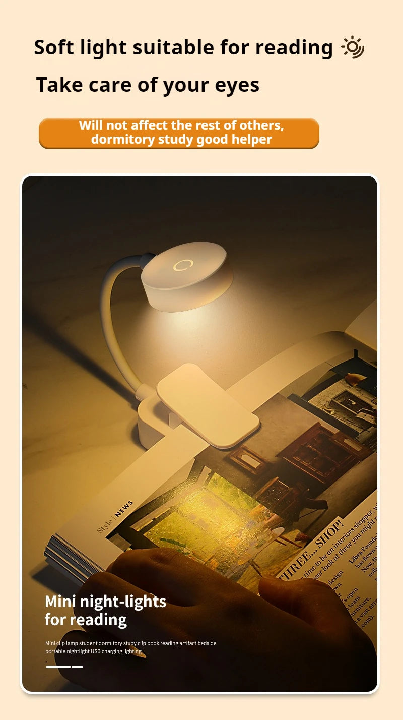 Mini candeeiro de leitura LED portátil com clipe, 3 modos de iluminação, proteção ocular, alimentada por bateria, intensidade regulável continuamente, ideal para cabeceira ou estudo.