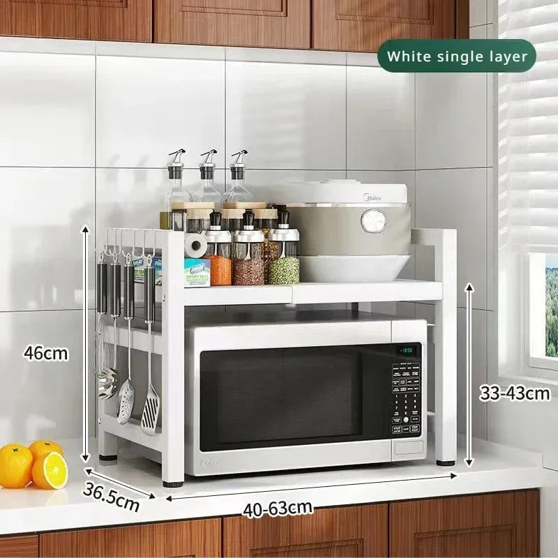 Organizador de Cozinha Retrátil e Multifunções para Micro-ondas com Suporte Ajustável em Metal.