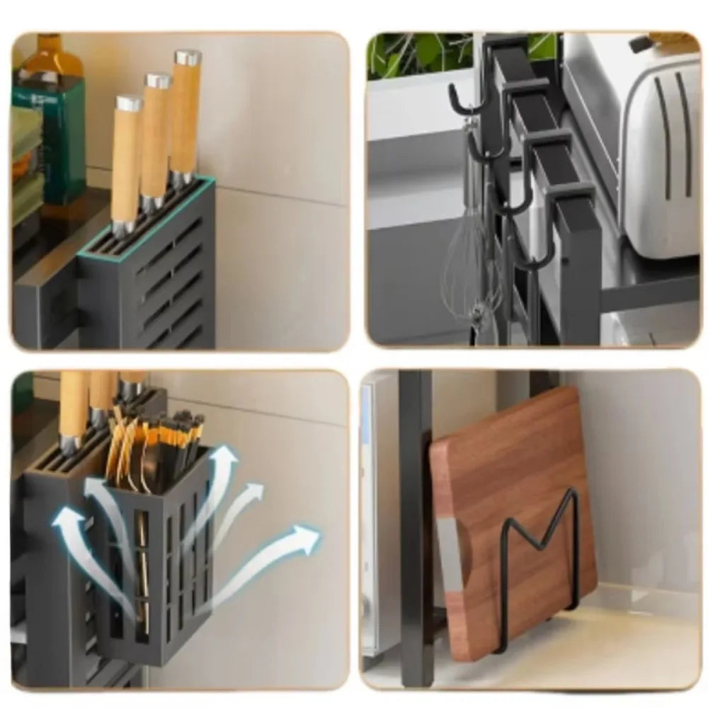 Organizador de Cozinha Retrátil e Multifunções para Micro-ondas com Suporte Ajustável em Metal.