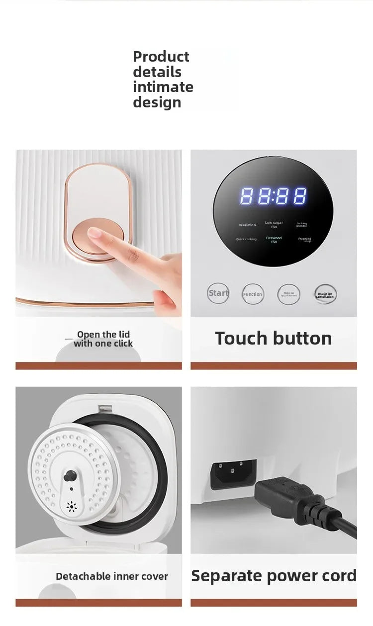 Panela elétrica digital multifuncional inteligente de 3 litros para arroz, com revestimento antiaderente e panela interior em cerâmica com separação para arroz e sopa.