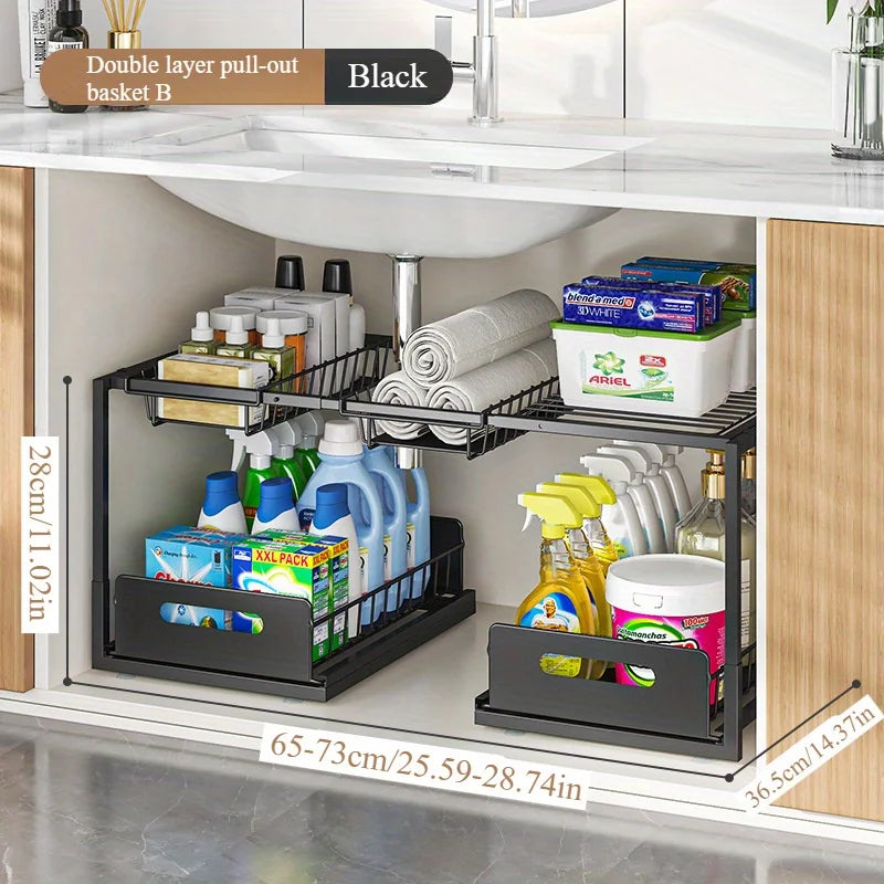 Prateleira de armazenamento de dois níveis para debaixo do lava-loiça - calha deslizante ajustável com puxador de arame, permite armazenar mais artigos e poupar espaço.