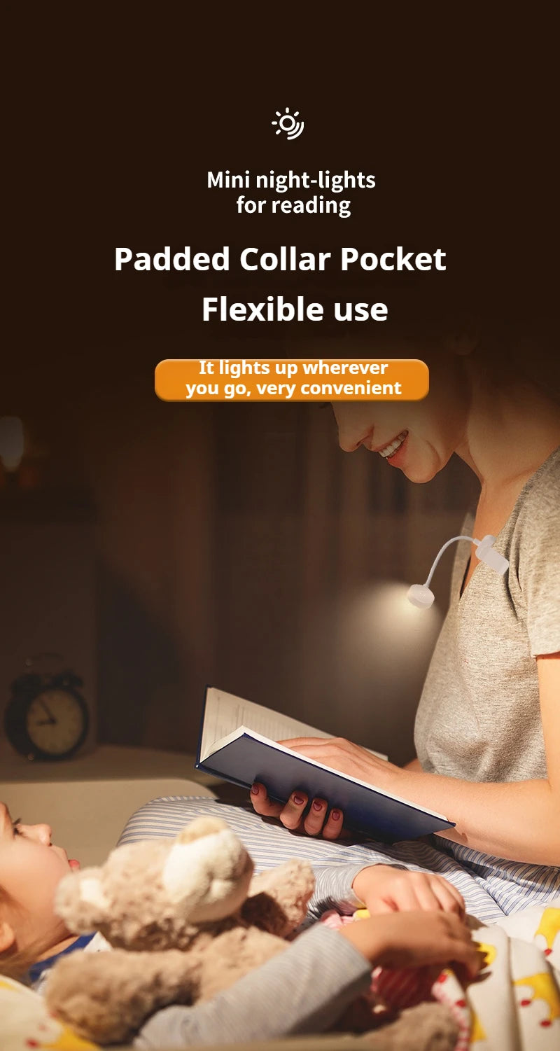 Mini candeeiro de leitura LED portátil com clipe, 3 modos de iluminação, proteção ocular, alimentada por bateria, intensidade regulável continuamente, ideal para cabeceira ou estudo.