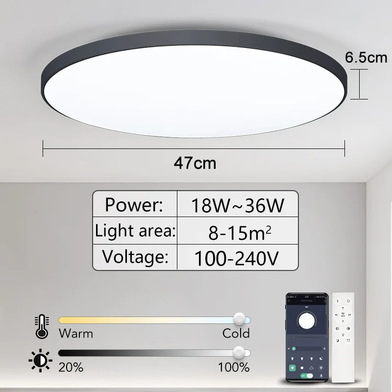 Luminária de teto LED inteligente com controlo remoto via aplicação, 36W, 50W e 80W, ideal para decoração de interiores, casas de banho e quartos.