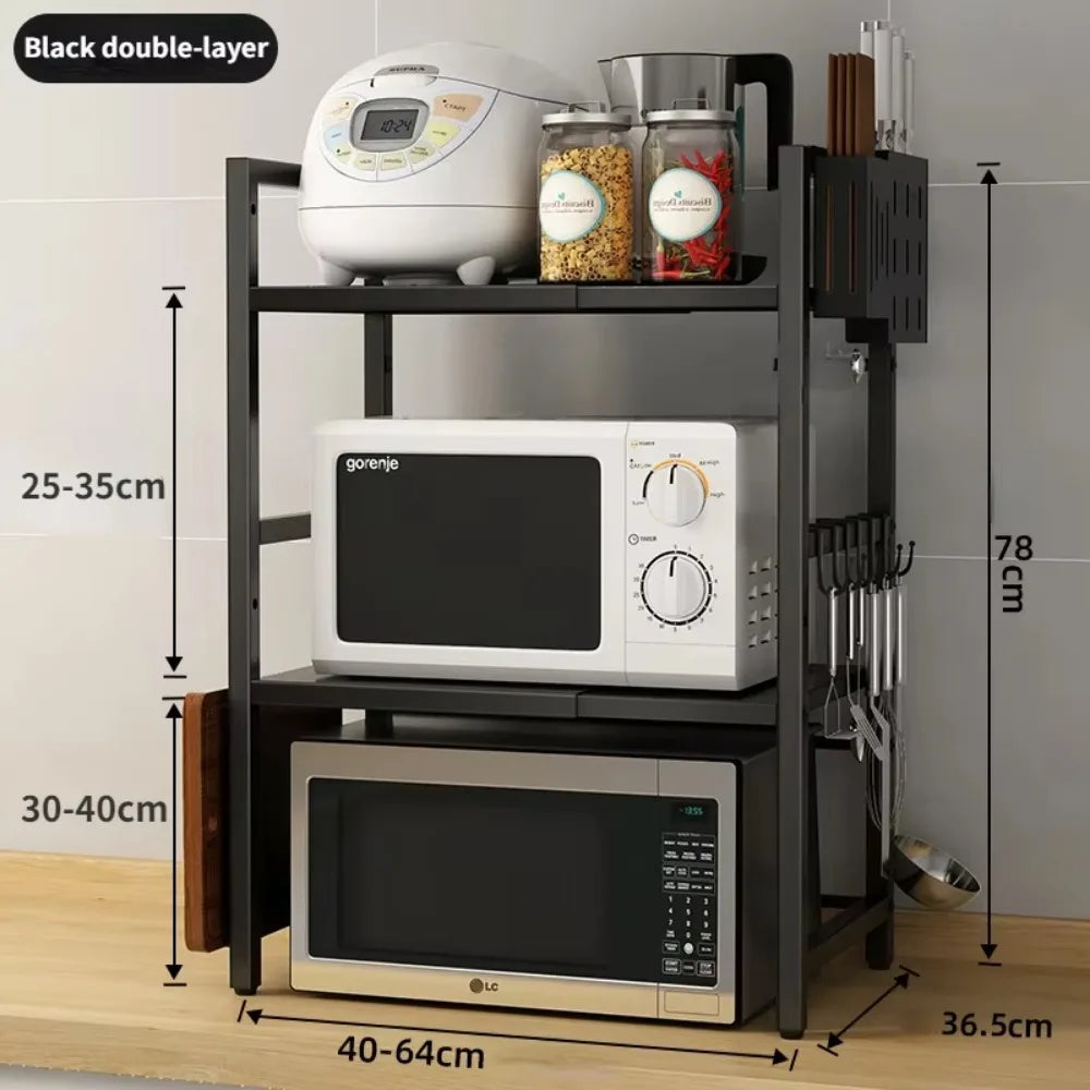 Organizador de Cozinha Retrátil e Multifunções para Micro-ondas com Suporte Ajustável em Metal.