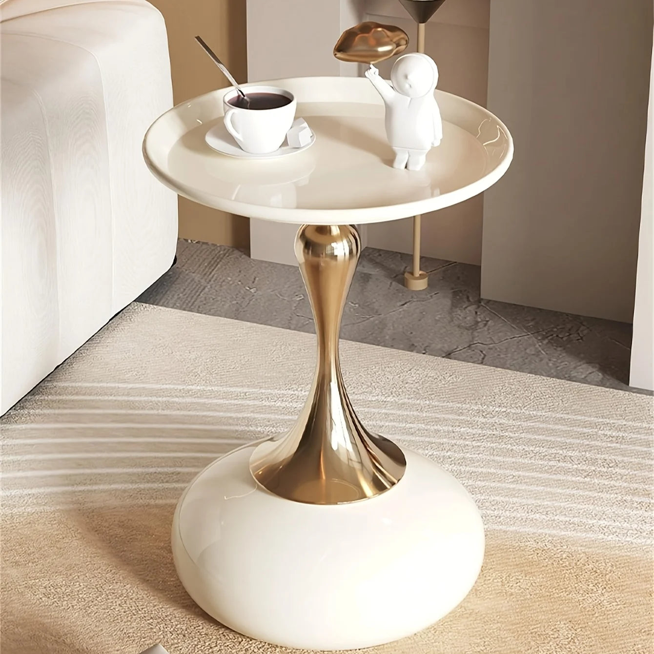 White Round Coffee Table with Gold Base