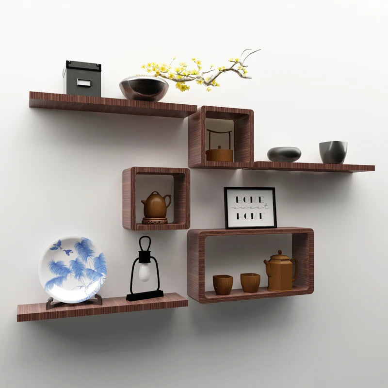 Organizador de parede em madeira maciça, grade de arrumação sem furos, armário suspenso modular, prateleira decorativa para parede.