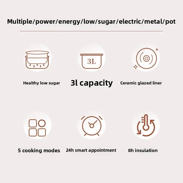 Panela elétrica digital multifuncional inteligente de 3 litros para arroz, com revestimento antiaderente e panela interior em cerâmica com separação para arroz e sopa.