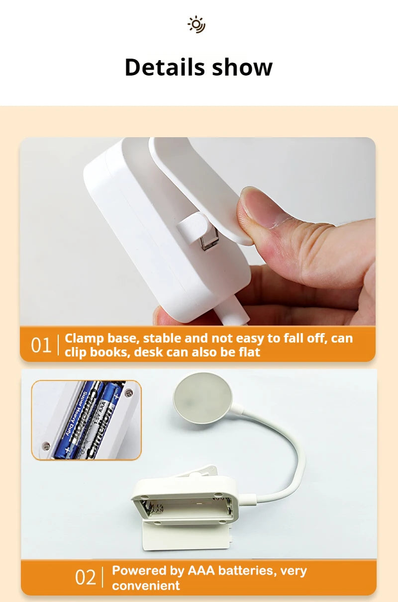 Mini candeeiro de leitura LED portátil com clipe, 3 modos de iluminação, proteção ocular, alimentada por bateria, intensidade regulável continuamente, ideal para cabeceira ou estudo.